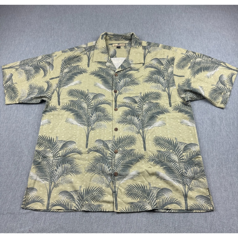 Tommy Bahama Shirt Mens XL Yellow 100% Silk Hawaiian Palm Button Up Aloha Camp